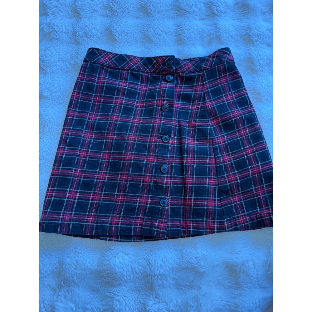 H&M Divided Red Black Plaid Button Front Mini Skirt Cotton A-Line Size 10